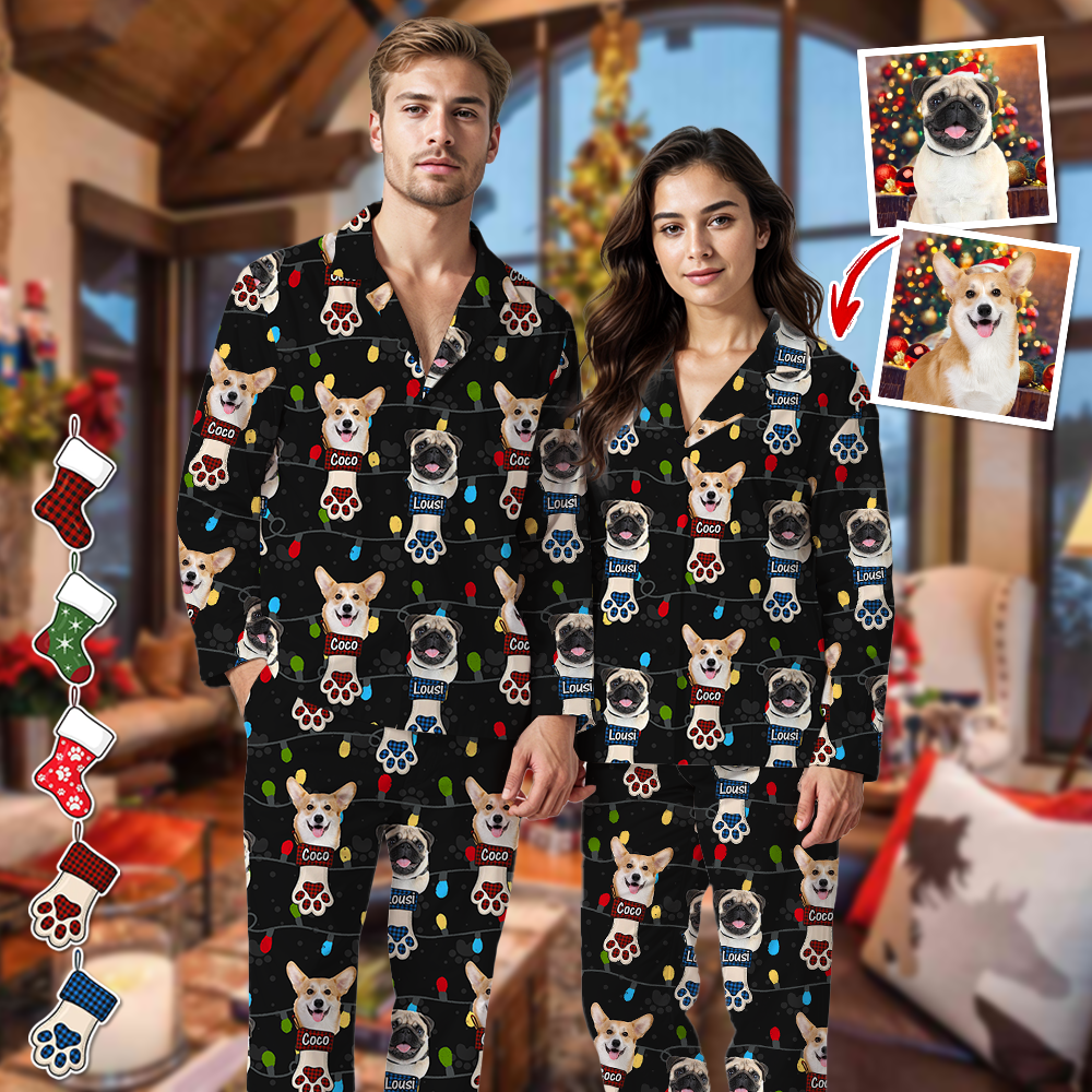Weihnachtspyjamas mit Foto und Lichter-Motiv - Familien-Pyjama-Set