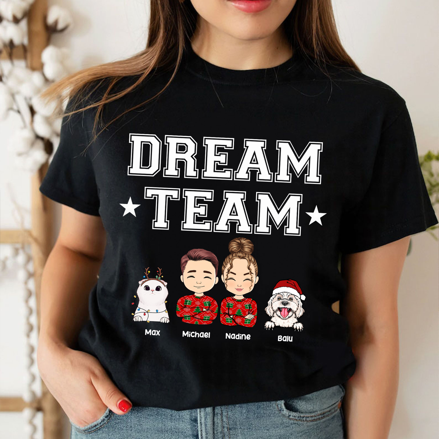 Personalisiertes Dream Team Haustierliebhaber T-Shirt - T-Shirt für Hundebesitzer & Katzenbesitzer - Weihnachtsgeschenk für Familie