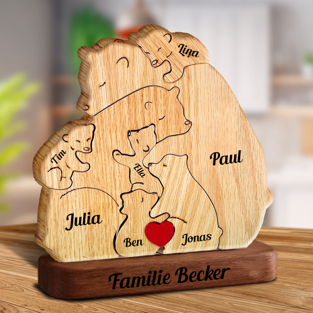 Liebenswerte Bärenfamilie Umarmt Sich In Gemütlicher Jahreszeit - Puzzle Aus Holz Bärenfamilie - Holzschnitzereien Von Haustieren
