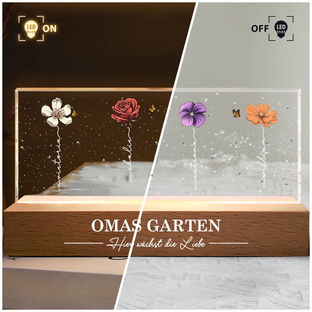 Omas Garten: Hier wächst die Liebe – Acryl-Nachtlicht – Personalisiertes LED-Nachtlicht