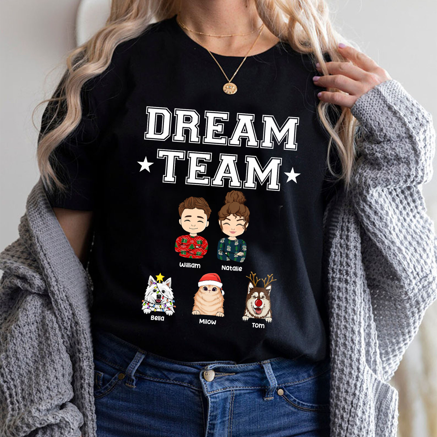 Personalisiertes Dream Team Haustierliebhaber T-Shirt - T-Shirt für Hundebesitzer & Katzenbesitzer - Weihnachtsgeschenk für Familie