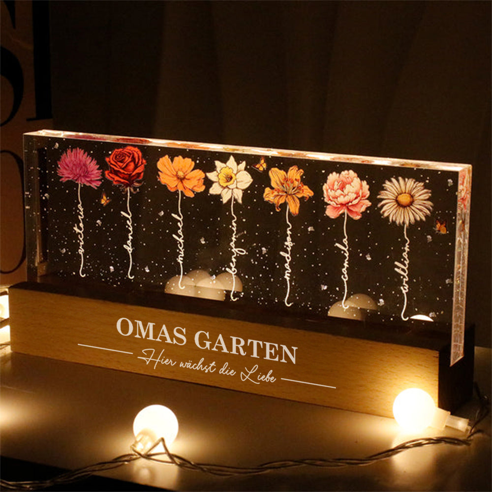 Omas Garten: Hier wächst die Liebe – Acryl-Nachtlicht – Personalisiertes LED-Nachtlicht