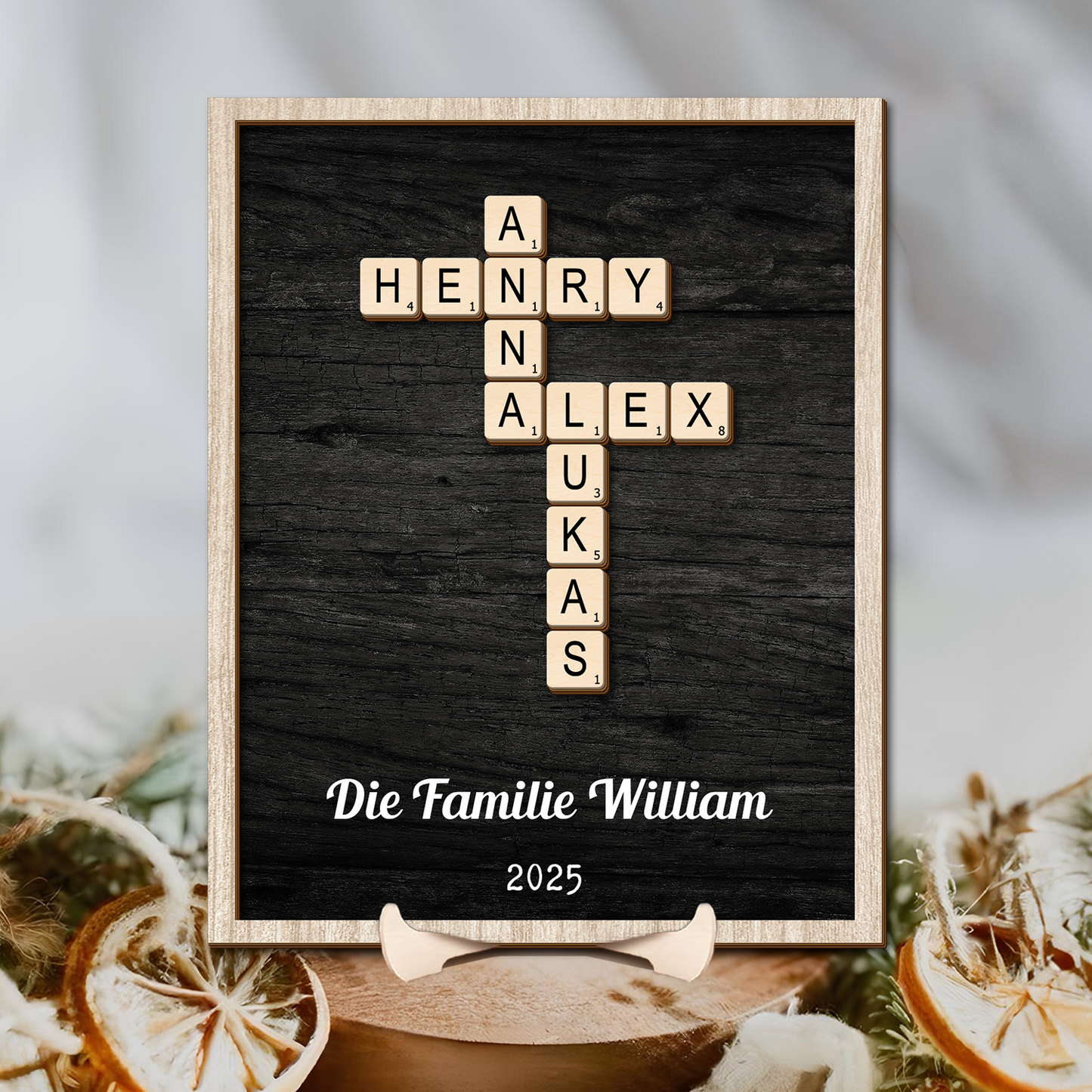 Familien-Kreuzworträtsel - Kreuzworträtsel Scrabble Holzschild - Personalisiertes Geschenk für die Familie