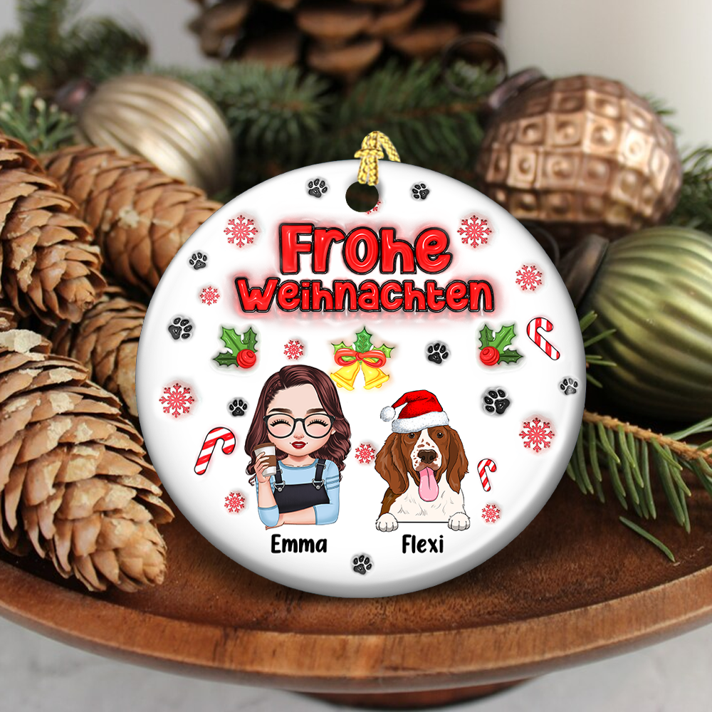 Personalisierte Merry Woofmas Hundemama Ornament - 3D Aufgeblasener Effekt Keramik Weihnachtsornament