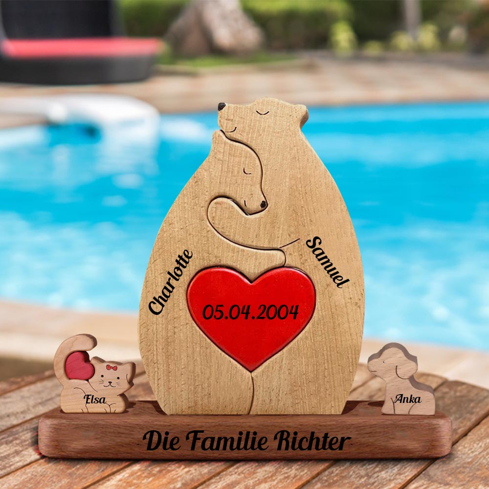 Holzbären-Familienmitglieder, Mini-Hunde und Katzen – personalisiertes Holzbären-Familienpuzzle – Haustierschnitzereien aus Holz