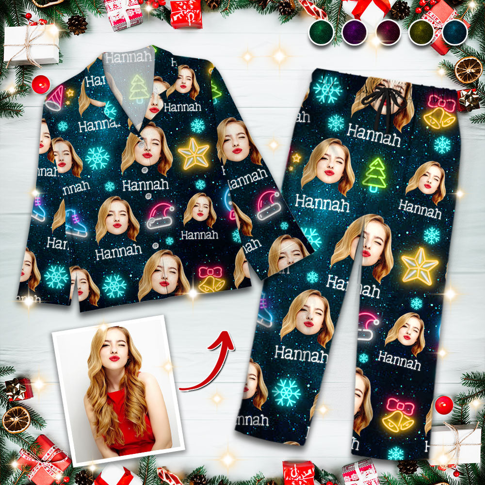 Lustige Weihnachtsfoto-Pyjama-Set mit Leuchtmotiven - Personalisierte Weihnachtspyjamas