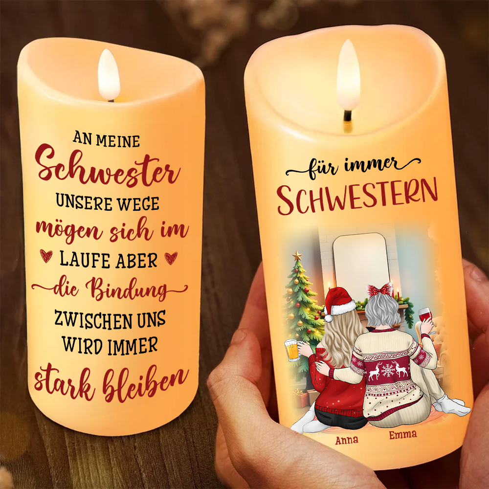 Für immer Schwestern - Personalisierte LED-Kerze für beste Freundinnen - Weihnachtsgeschenk für Besties, Schwestern