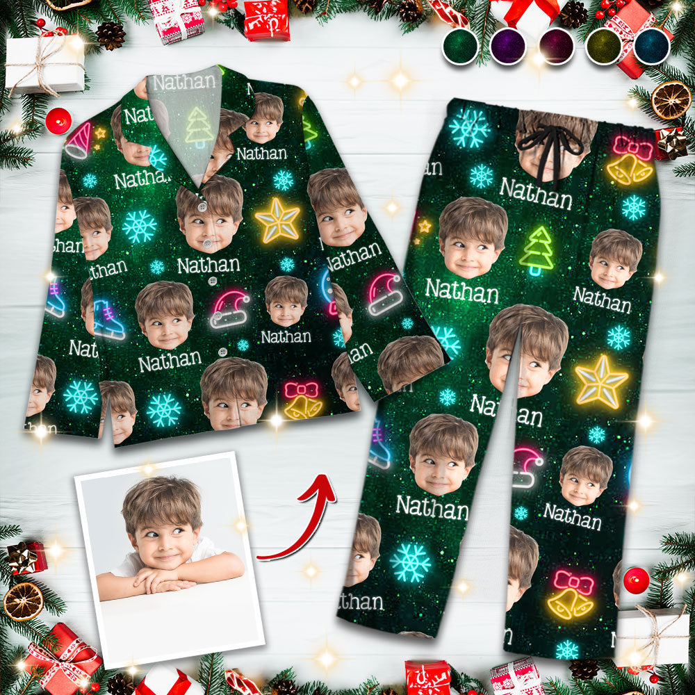 Lustige Weihnachtsfoto-Pyjama-Set mit Leuchtmotiven - Personalisierte Weihnachtspyjamas