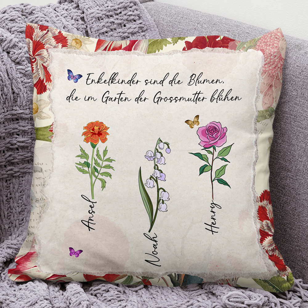 Personalisiertes Vintage Omas Mamas Blumen Kissen - Individuelles Polster Zum Muttertag - Kissen Mit Kindername Personalisiert