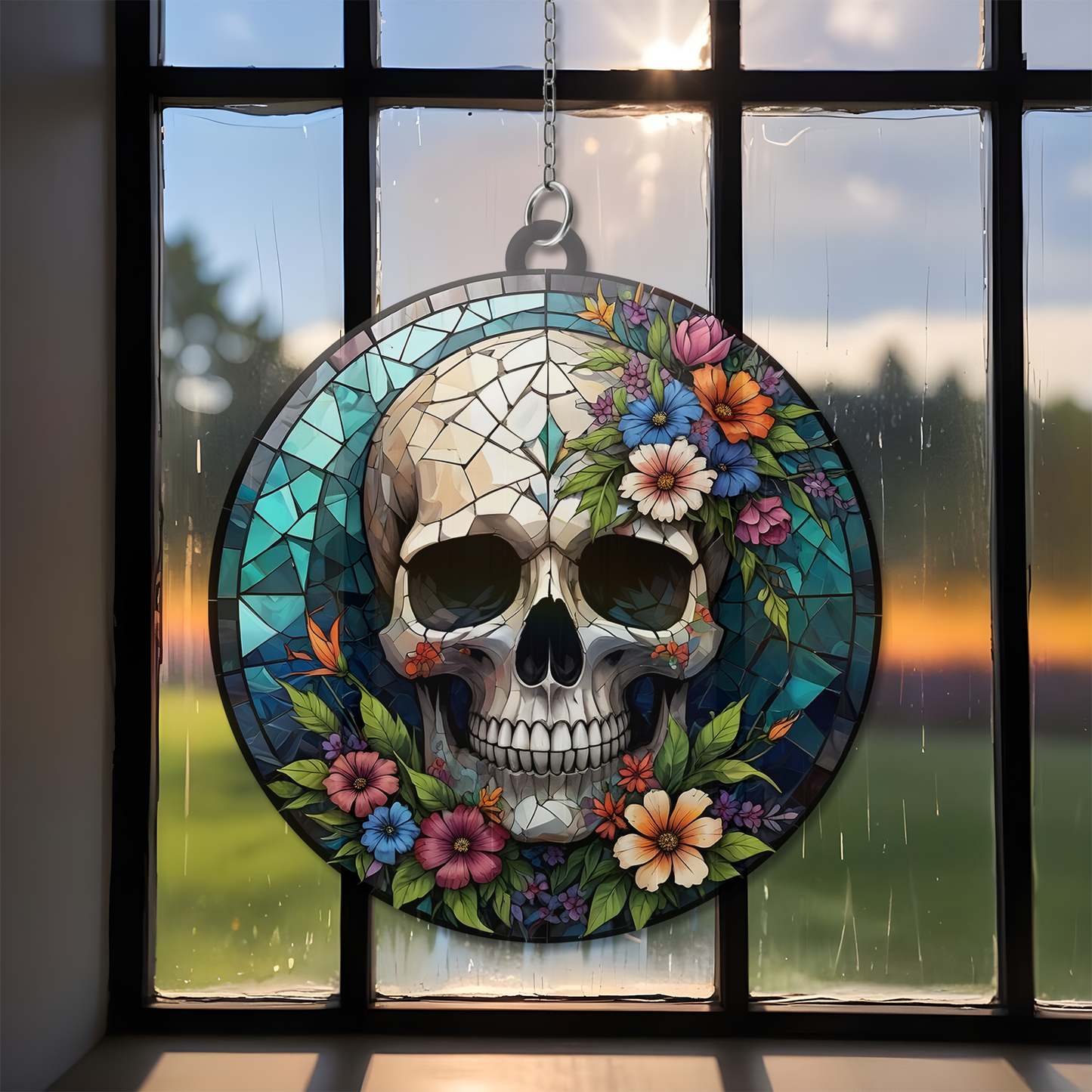 Sonnenfänger Halloween Schädel Buntglas - Horror Bild Heimdekoration - Gruseliges Fenster Wandbehang