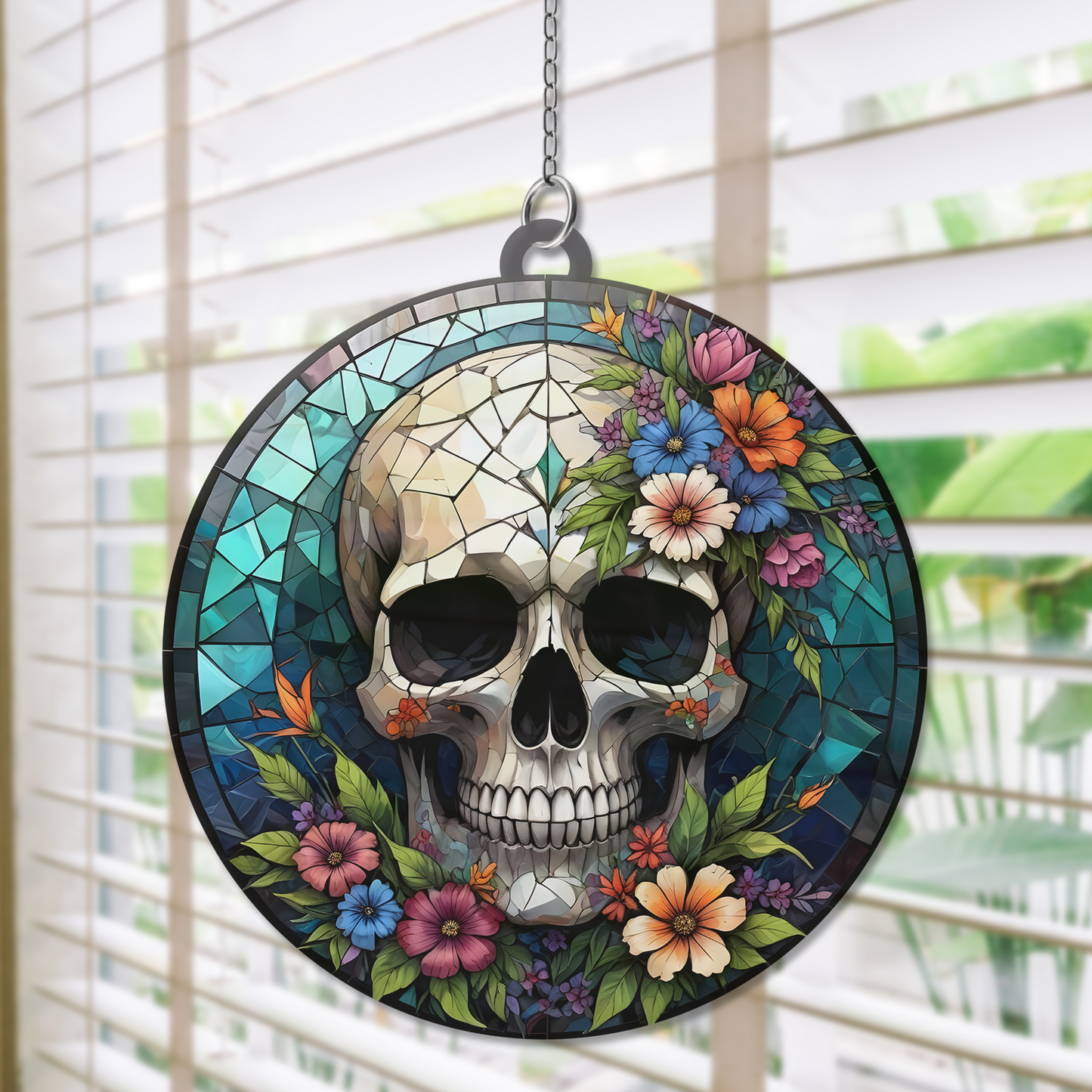 Sonnenfänger Halloween Schädel Buntglas - Horror Bild Heimdekoration - Gruseliges Fenster Wandbehang