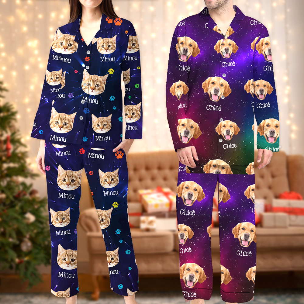 Galaxie-Pyjama-Set - Personalisierte Weihnachtspyjamas mit Hundepfoten-Foto