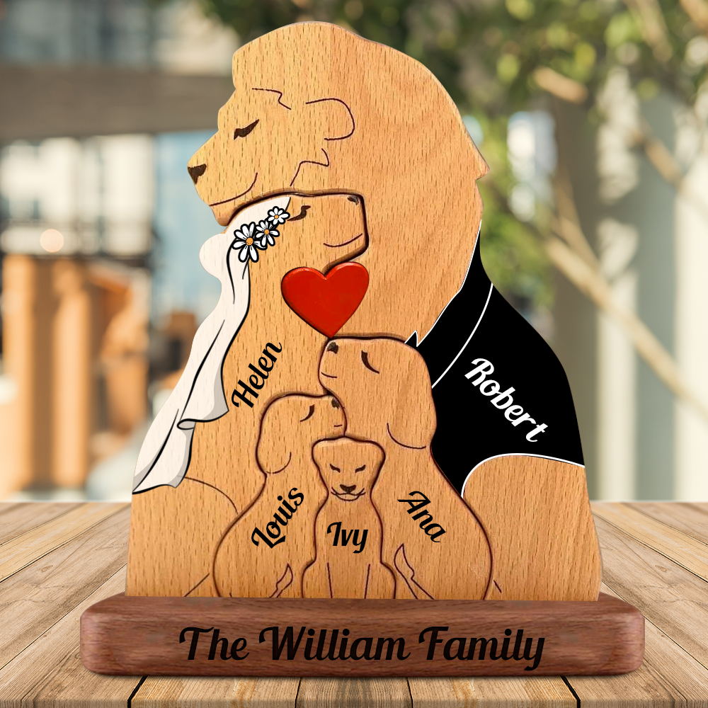 Personalisierte Holzpuzzle mit Löwenfamilie - Holzfamilie - Holzschnitzereien für Haustiere