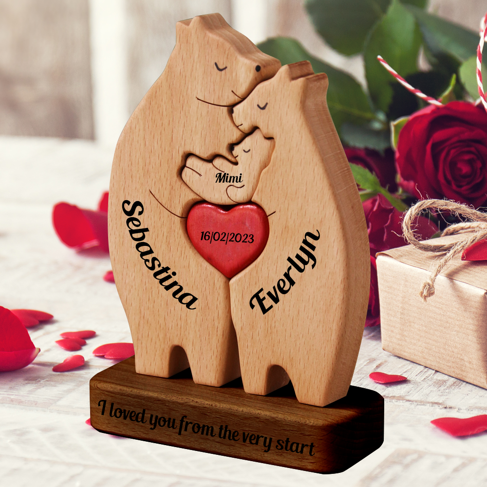 Familie Verbunden durch Herzen – Puzzle aus Holz mit Bärenfamilie – Handgeschnitzte Haustierfiguren aus Holz