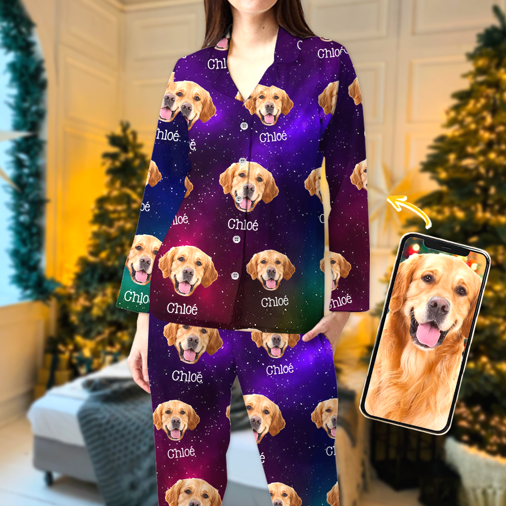 Galaxie-Pyjama-Set - Personalisierte Weihnachtspyjamas mit Hundepfoten-Foto