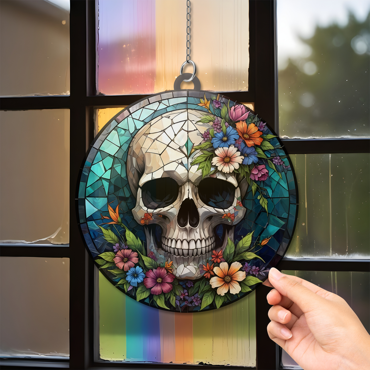 Sonnenfänger Halloween Schädel Buntglas - Horror Bild Heimdekoration - Gruseliges Fenster Wandbehang