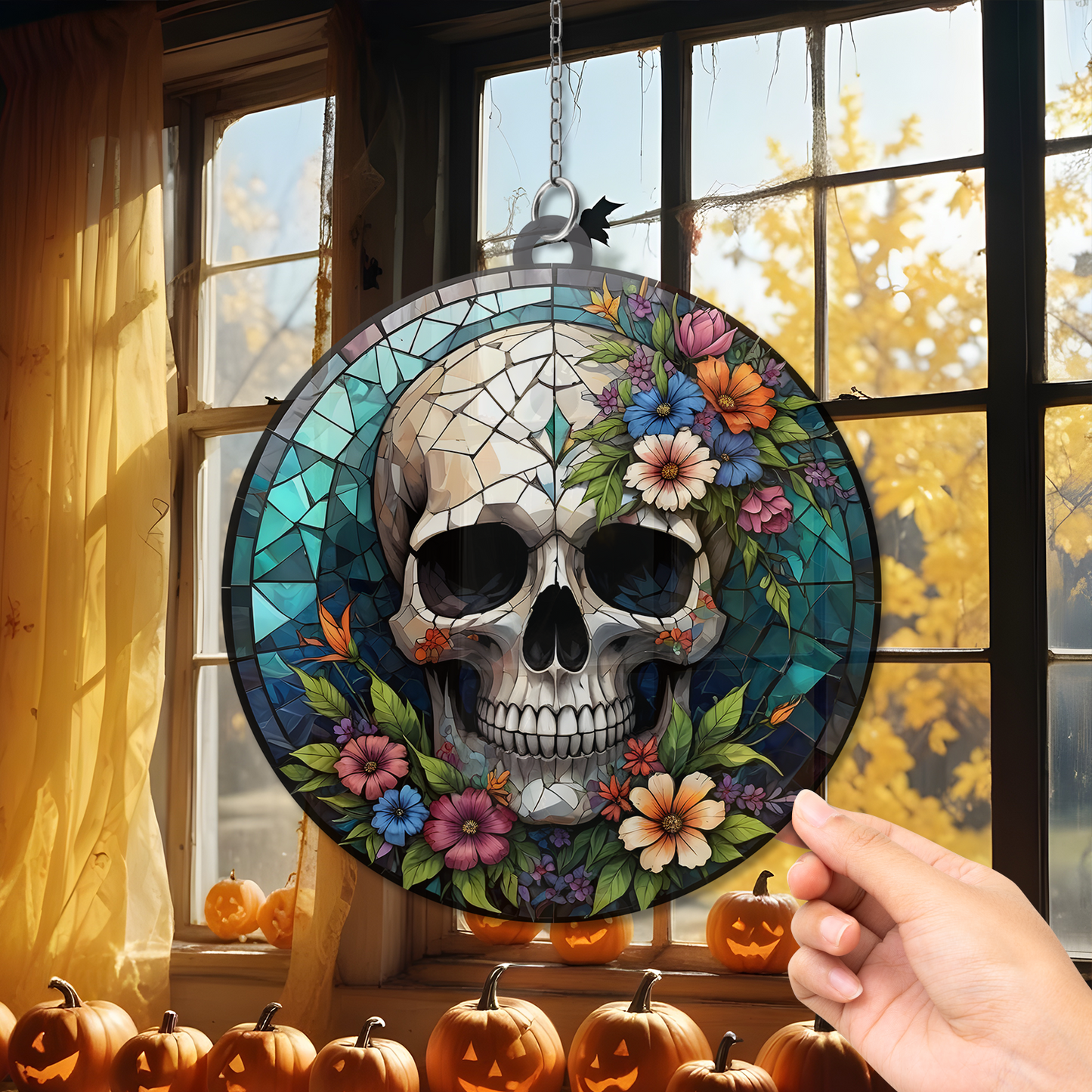 Sonnenfänger Halloween Schädel Buntglas - Horror Bild Heimdekoration - Gruseliges Fenster Wandbehang