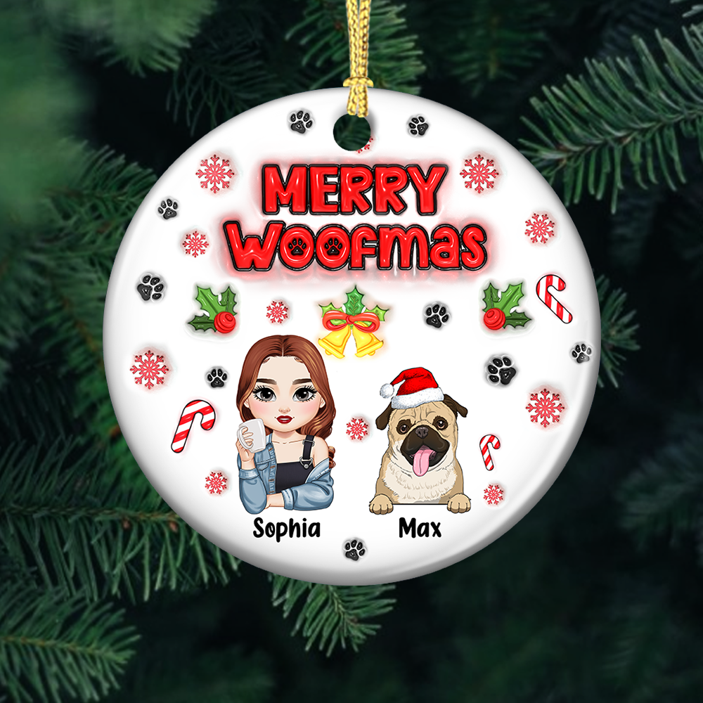 Personalisierte Merry Woofmas Hundemama Ornament - 3D Aufgeblasener Effekt Keramik Weihnachtsornament