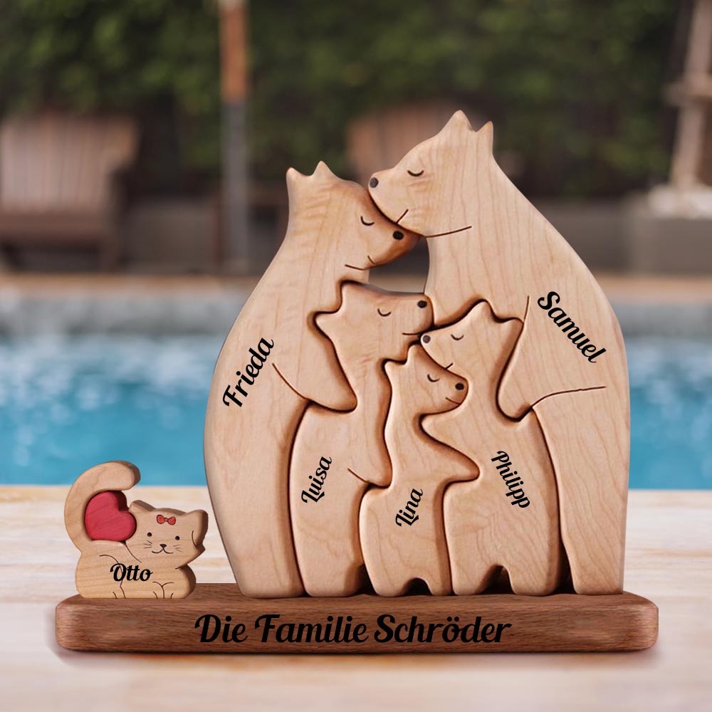Holzbären-Familienmitglieder, Mini-Hunde und Katzen – personalisiertes Holzbären-Familienpuzzle – Haustierschnitzereien aus Holz