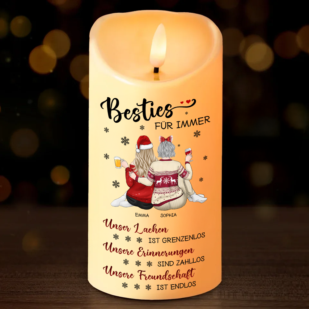 Unsere Freundschaft kennt keine Grenzen - Personalisierte LED-Kerze für beste Freundinnen - Weihnachtsgeschenk für Besties, Schwestern