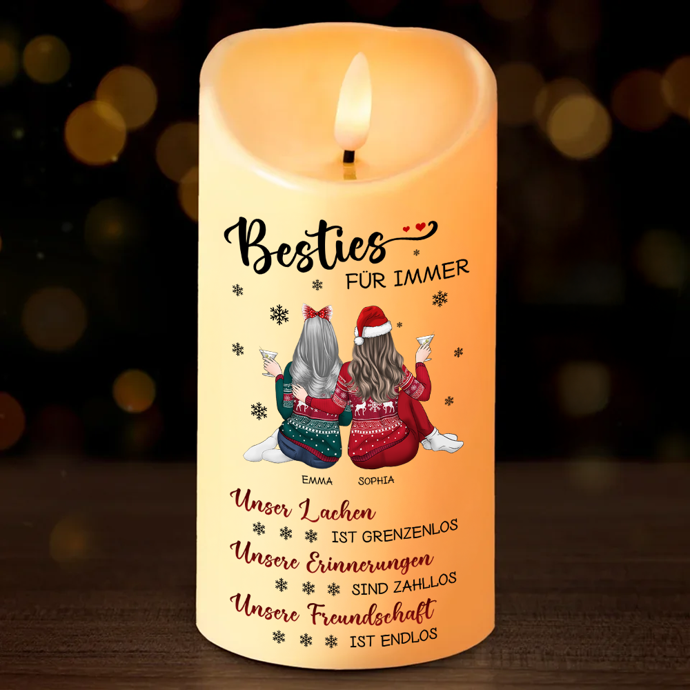 Unsere Freundschaft kennt keine Grenzen - Personalisierte LED-Kerze für beste Freundinnen - Weihnachtsgeschenk für Besties, Schwestern