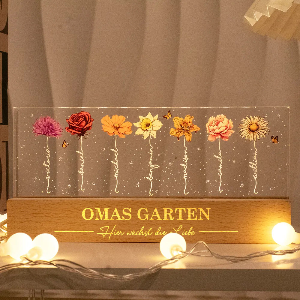 Omas Garten: Hier wächst die Liebe – Acryl-Nachtlicht – Personalisiertes LED-Nachtlicht