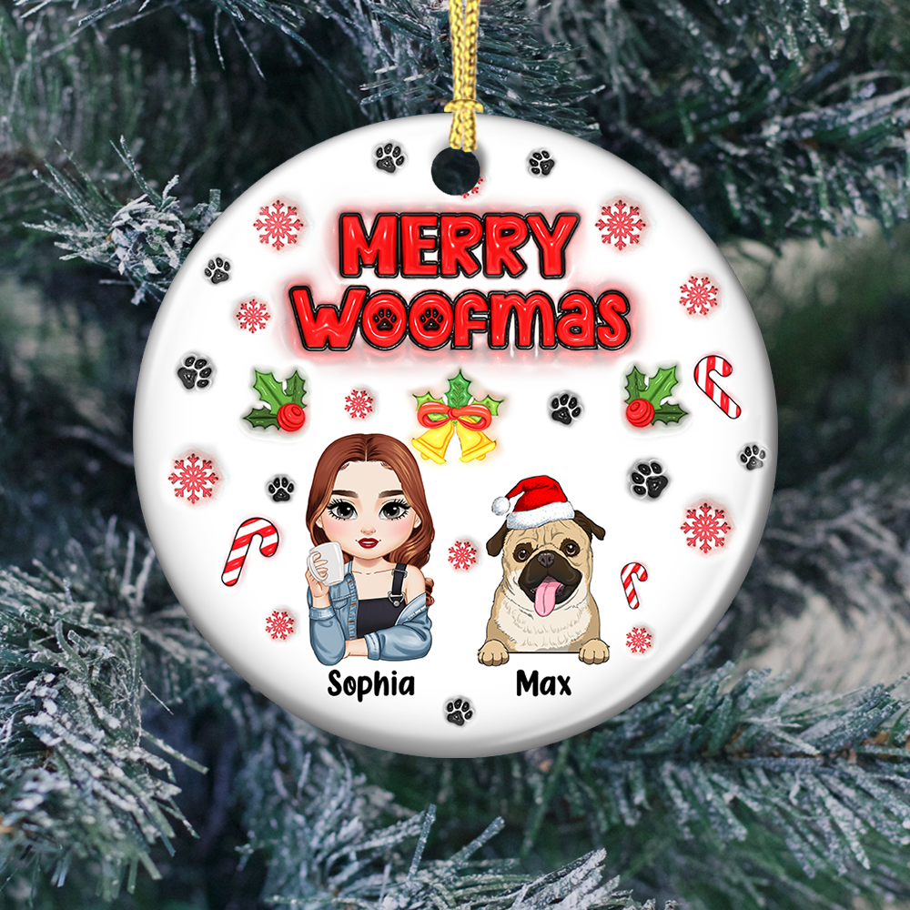 Personalisierte Merry Woofmas Hundemama Ornament - 3D Aufgeblasener Effekt Keramik Weihnachtsornament