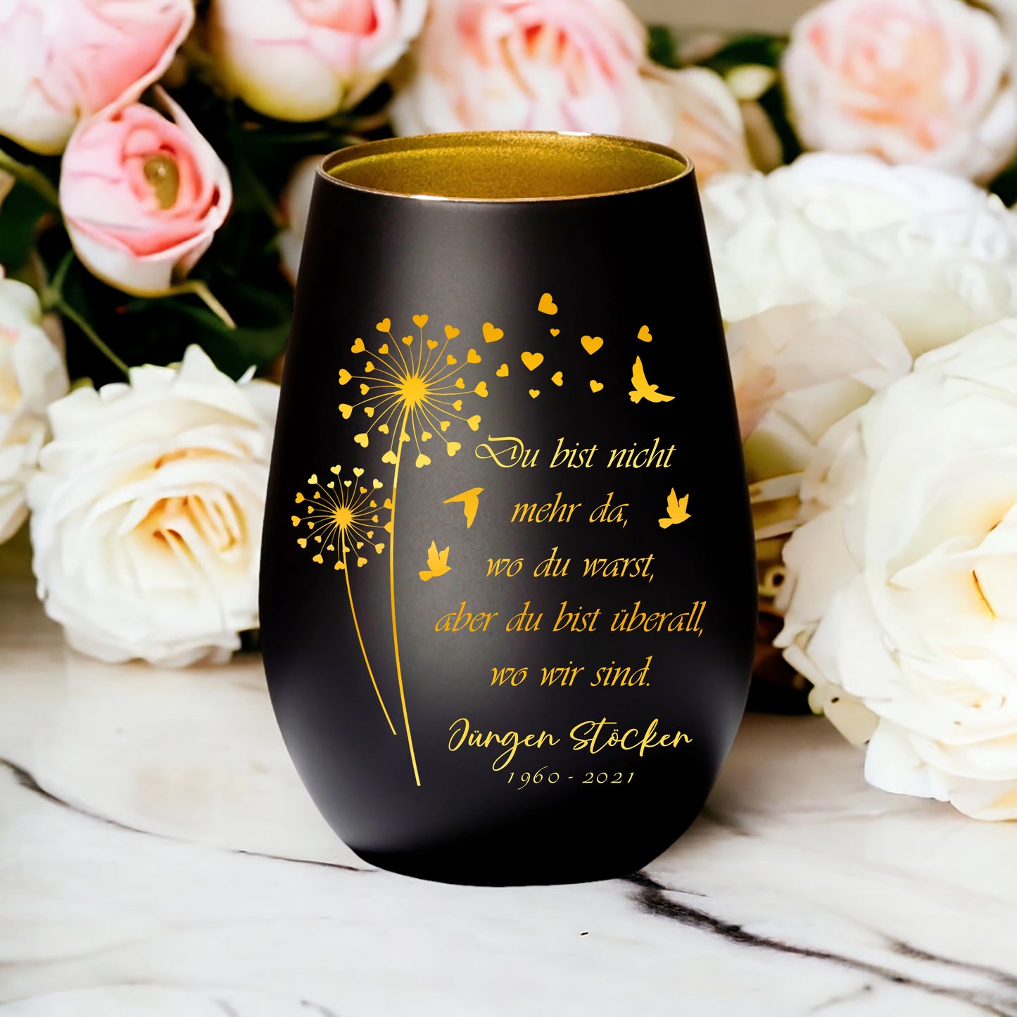 Personalisiertes Glas-Kerzenhalter mit Gravur - Trauergeschenk - Individueller Name mit Lichtspender
