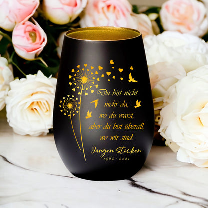 Personalisiertes Glas-Kerzenhalter mit Gravur - Trauergeschenk - Individueller Name mit Lichtspender