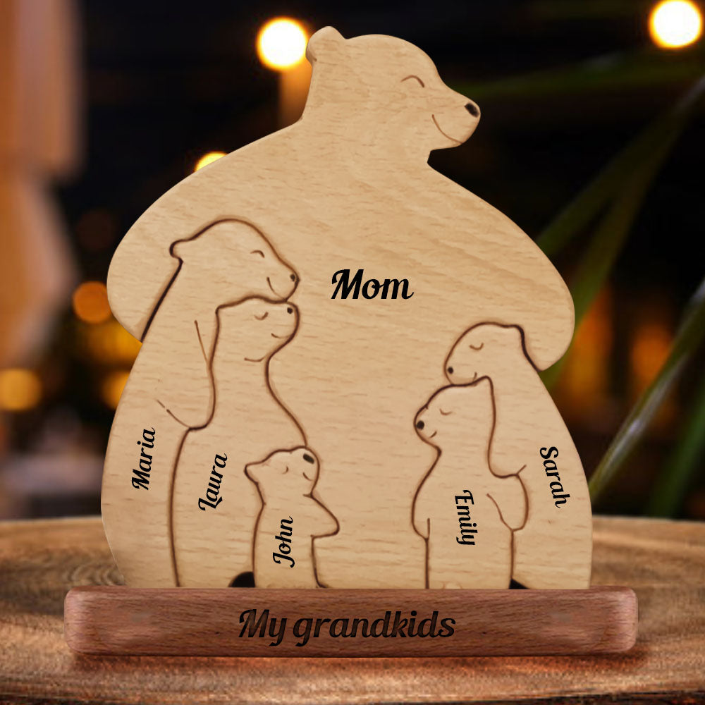 Holzbären Liebe Papa, Mama, Oma – Puzzle aus Holz mit Bärenfamilie – Handgeschnitzte Haustierfiguren aus Holz