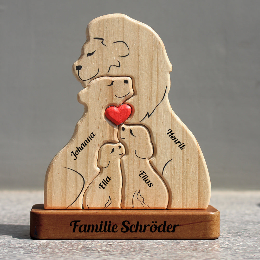 Personalisierte Löwenholzfamilie - Holzpuzzle Familie - Holzschnitzereien von Haustieren