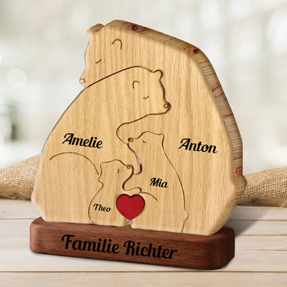 Liebenswerte Bärenfamilie Umarmt Sich In Gemütlicher Jahreszeit - Puzzle Aus Holz Bärenfamilie - Holzschnitzereien Von Haustieren
