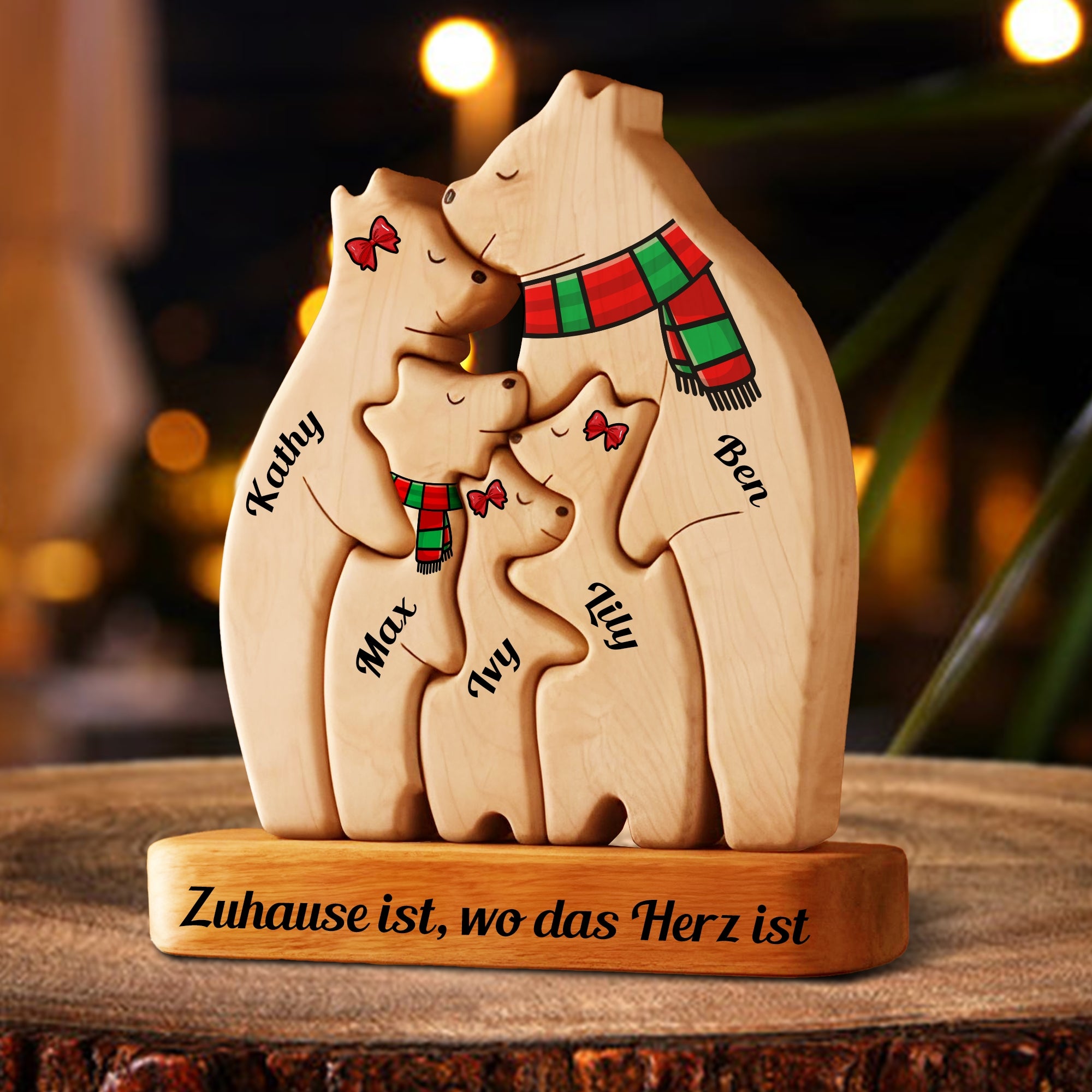 Personalisierte Holz-Bärenfamilie-Puzzle - Holz-Bär mit Schal - Weihnachtsandenken für die Familie