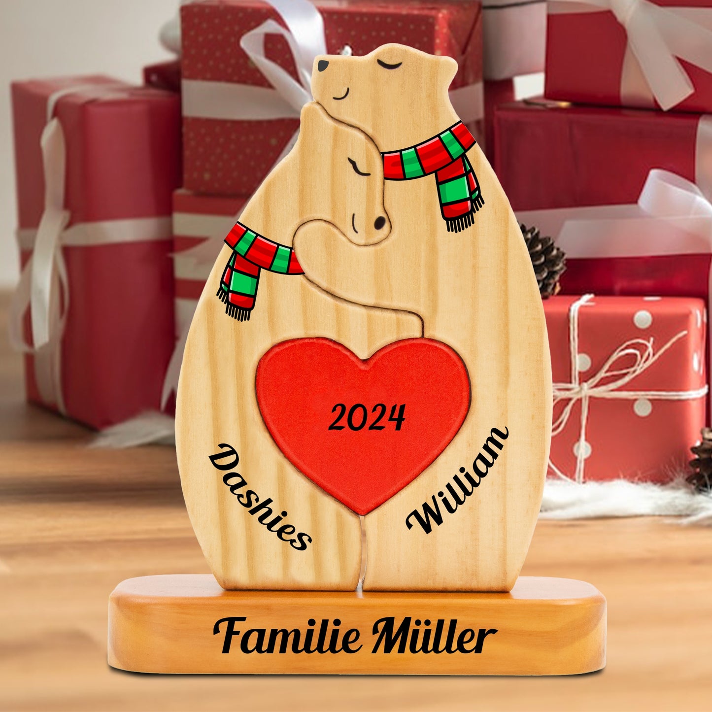Personalisierte Holz-Bärenfamilie-Puzzle - Holz-Bär mit Schal - Weihnachtsandenken für die Familie