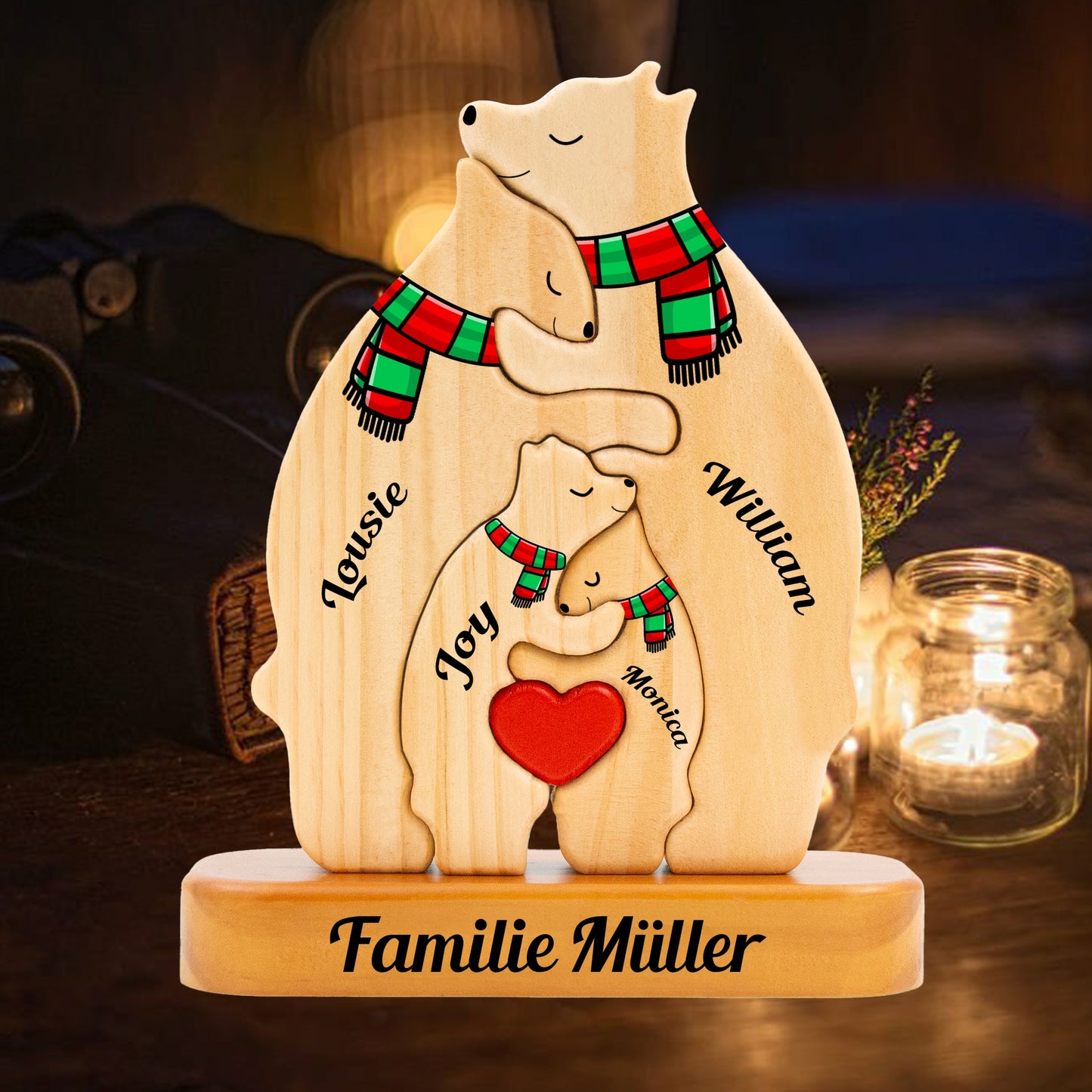 Personalisierte Holz-Bärenfamilie-Puzzle - Holz-Bär mit Schal - Weihnachtsandenken für die Familie