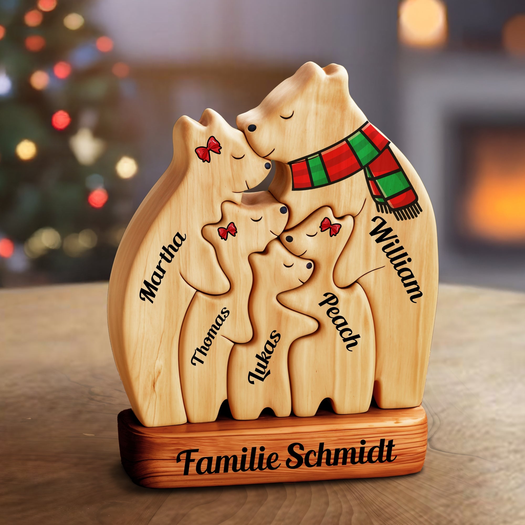 Personalisierte Holz-Bärenfamilie-Puzzle - Holz-Bär mit Schal - Weihnachtsandenken für die Familie