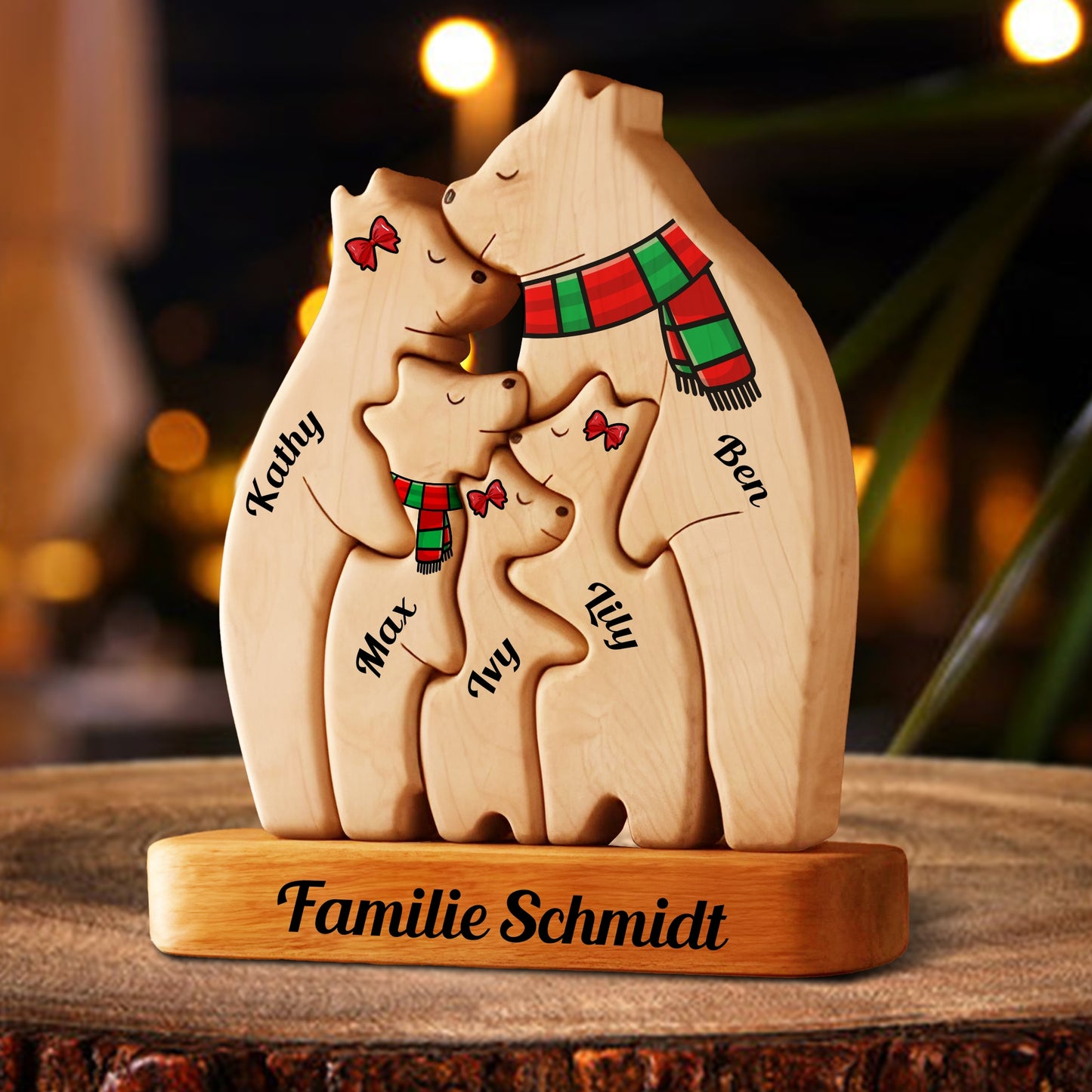 Personalisierte Holz-Bärenfamilie-Puzzle - Holz-Bär mit Schal - Weihnachtsandenken für die Familie