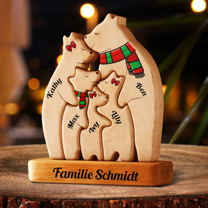 Personalisierte Holz-Bärenfamilie-Puzzle - Holz-Bär mit Schal - Weihnachtsandenken für die Familie
