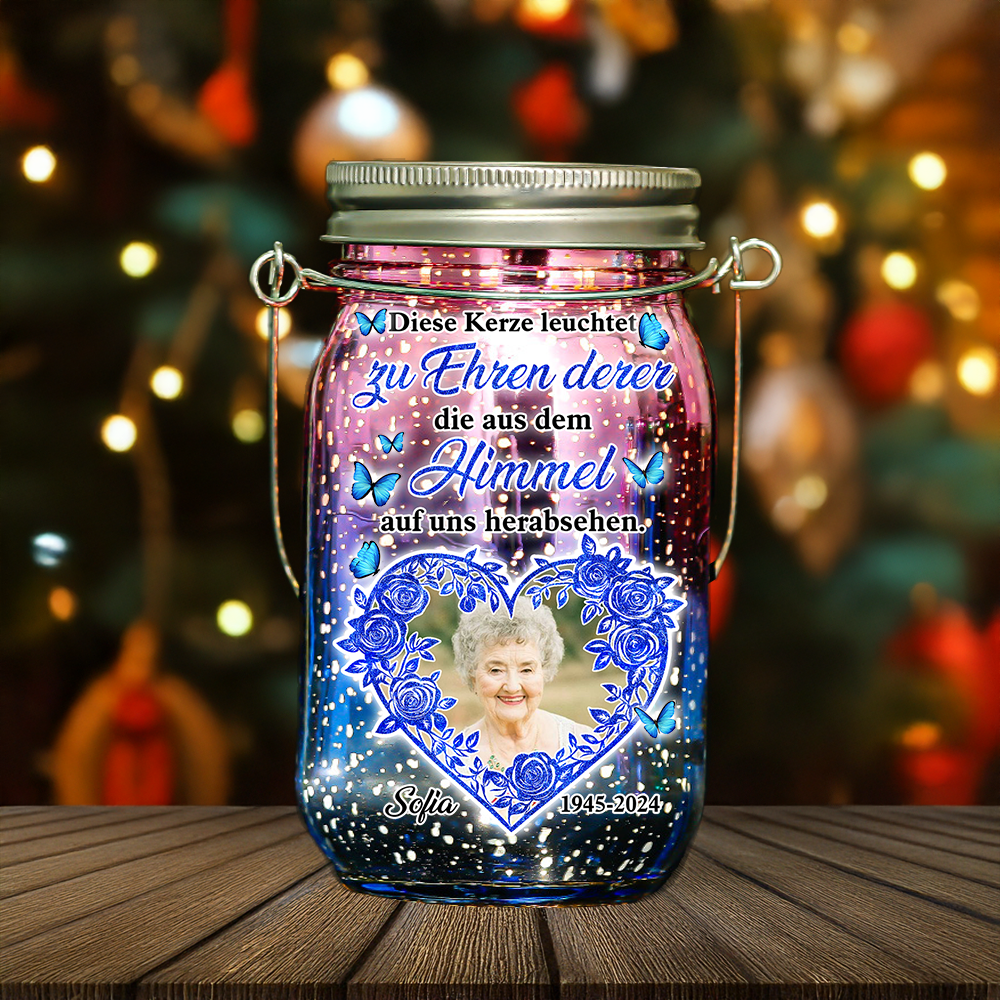 Personalisierte Foto-Mason Jar Solarlampen – In Liebevolle Erinnerung Solarlampen – Weihnachtsgeschenk, Trauergeschenk für Familienmitglieder