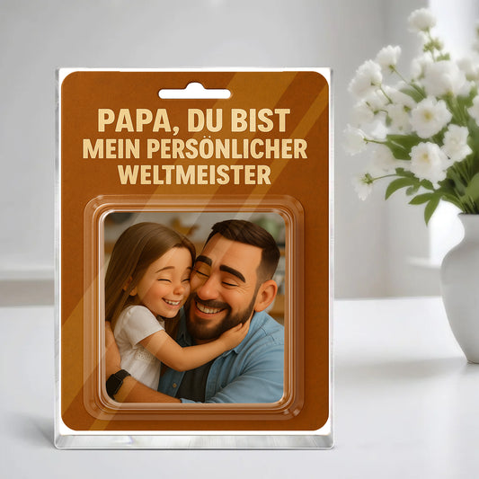 Papa, du bist mein persönlicher Weltmeister - Acrylblock mit personalisierter Figur – Individuelle Plakette