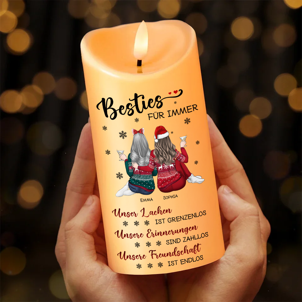 Unsere Freundschaft kennt keine Grenzen - Personalisierte LED-Kerze für beste Freundinnen - Weihnachtsgeschenk für Besties, Schwestern