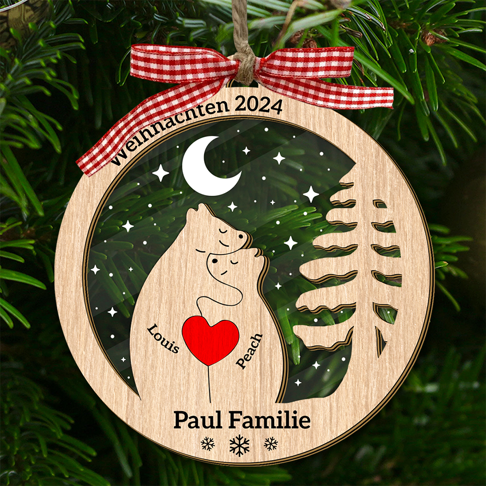 Personalisierte Holzbären Familien Weihnachtsbaum Ornament - 2-Schicht Holz Haustier Schnitzerei Ornament - Individuelles Bären Familien Holz und Acryl Ornament