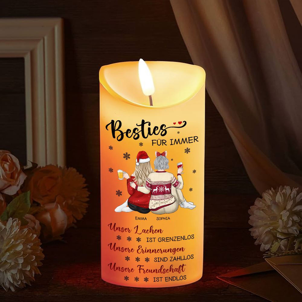 Unsere Freundschaft kennt keine Grenzen - Personalisierte LED-Kerze für beste Freundinnen - Weihnachtsgeschenk für Besties, Schwestern