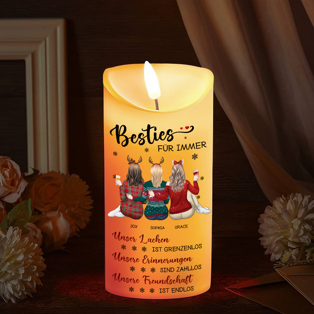 Unsere Freundschaft kennt keine Grenzen - Personalisierte LED-Kerze für beste Freundinnen - Weihnachtsgeschenk für Besties, Schwestern