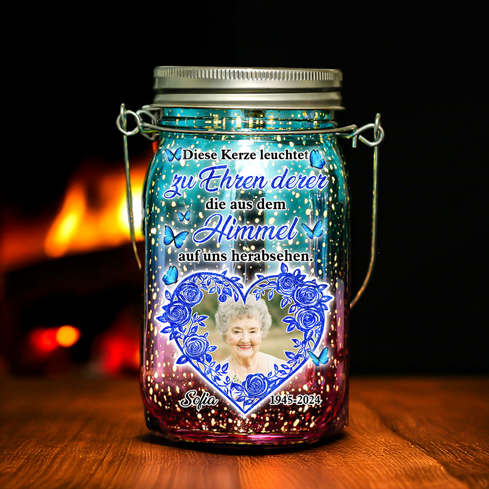 Personalisierte Foto-Mason Jar Solarlampen – In Liebevolle Erinnerung Solarlampen – Weihnachtsgeschenk, Trauergeschenk für Familienmitglieder