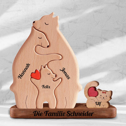 Holzbären-Familienmitglieder, Mini-Hunde und Katzen – personalisiertes Holzbären-Familienpuzzle – Haustierschnitzereien aus Holz