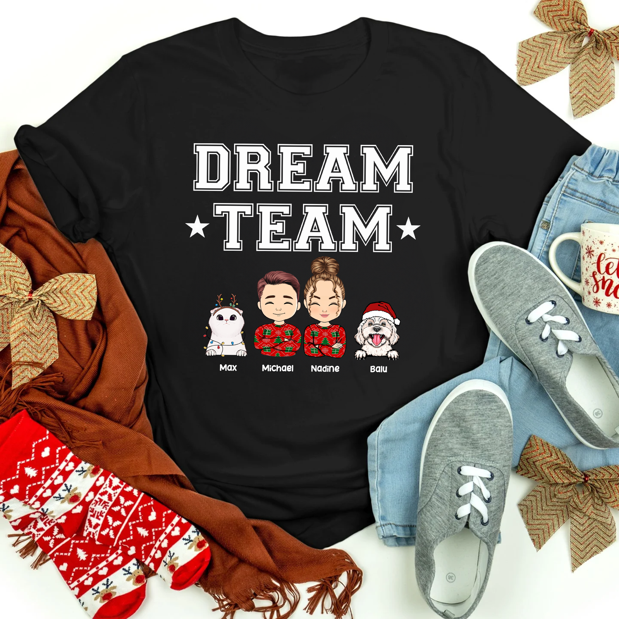 Personalisiertes Dream Team Haustierliebhaber T-Shirt - T-Shirt für Hundebesitzer & Katzenbesitzer - Weihnachtsgeschenk für Familie