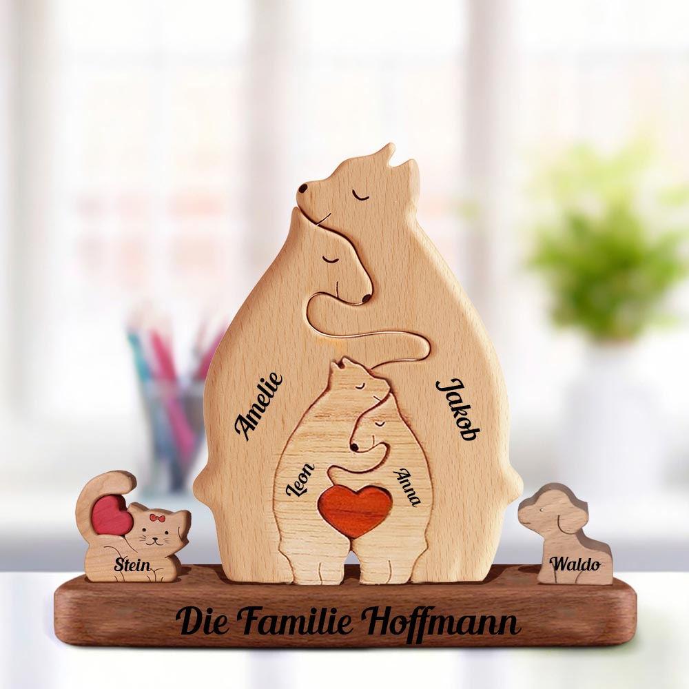 Holzbären-Familienmitglieder, Mini-Hunde und Katzen – personalisiertes Holzbären-Familienpuzzle – Haustierschnitzereien aus Holz