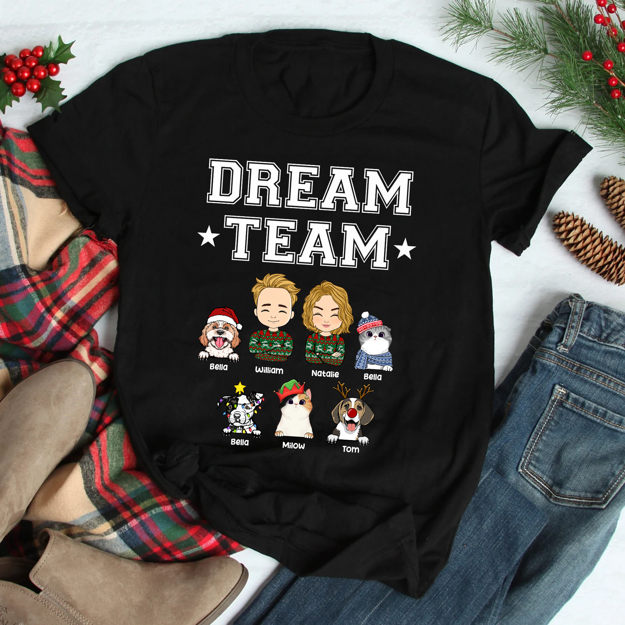 Personalisiertes Dream Team Haustierliebhaber T-Shirt - T-Shirt für Hundebesitzer & Katzenbesitzer - Weihnachtsgeschenk für Familie