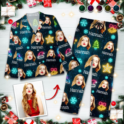 Lustige Weihnachtsfoto-Pyjama-Set mit Leuchtmotiven - Personalisierte Weihnachtspyjamas